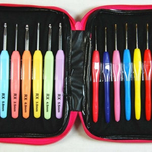 May include: A set of 12 colorful crochet hooks in a pink zippered case. The hooks are labeled with sizes ranging from 3.5mm to 6.0mm.