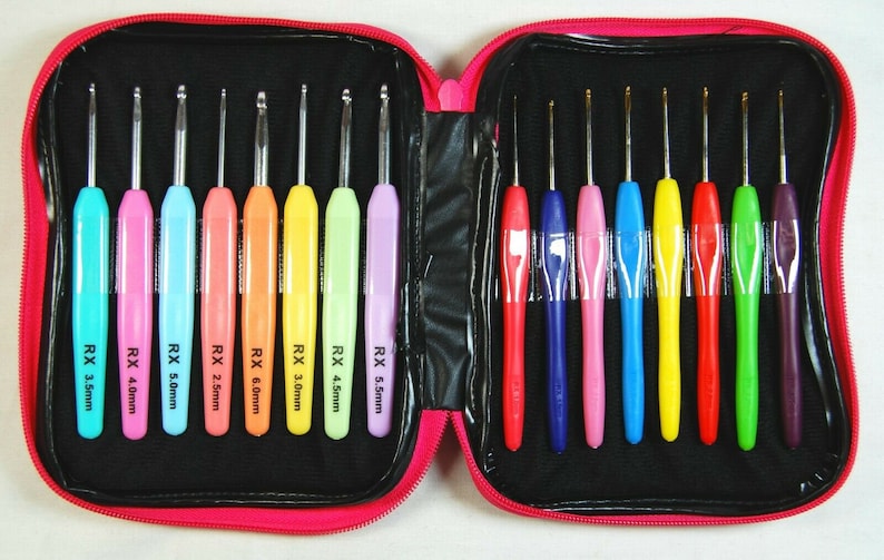 May include: A set of 12 colorful crochet hooks in a pink zippered case. The hooks are labeled with sizes ranging from 3.5mm to 6.0mm.