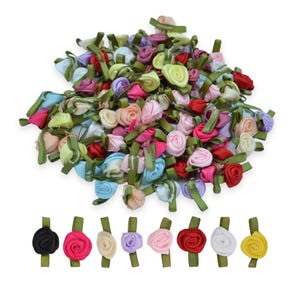 12 mm satijnen lint rozen met bladeren - kleine kleine bloemknoppen - knutselen, versieringen, versiering