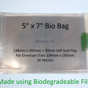 Biodegradeable 5" x 7" Cello Bags for Cards 138mm x 185mm + 30mm Self Seal Lip - 30 Micron Clear