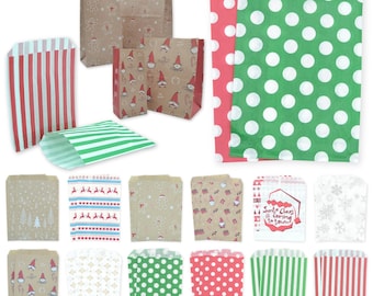 May include: A collection of rectangular paper bags featuring various holiday-themed patterns including red and green stripes, white polka dots on red or green backgrounds, gingerbread men, gnomes, snowflakes, and text reading Santa Claus is coming to town.