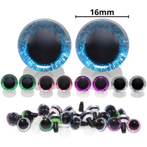 May include: A collection of craft eyes in various colors, including blue, green, pink, purple, and silver. The largest pair of eyes are 16mm in diameter. The eyes have a black pupil and a glittery, iridescent outer ring. Some eyes have a screw post.