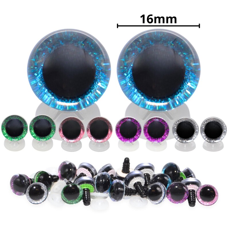 May include: A collection of craft eyes in various colors, including blue, green, pink, purple, and silver. The largest pair of eyes are 16mm in diameter. The eyes have a black pupil and a glittery, iridescent outer ring. Some eyes have a screw post.