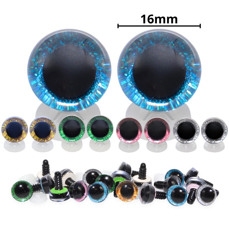 May include: A collection of craft eyes in various colors, including blue, gold, green, pink, and silver. The largest pair of eyes are 16mm in diameter. The eyes have a black pupil and are designed for use in crafts and toys.