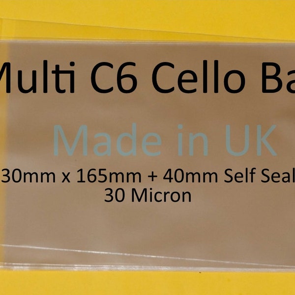 Multi C6 Card Cello - 30 Micron Cello Clear Display Bags for Holding up to 10 C6 Cards & Envelopes - 130mm x 165mm plus 40mm Self Seal Flap