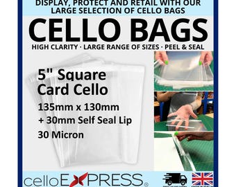 135mm x 130mm + 30mm Self Seal Flap - 5" x 5" - Cellophane Greeting Card Display Bags 30 Micron - Small Square Cello