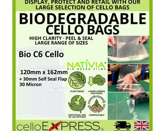 Biodegradable C6 - 120mm x 162mm + 30mm Flap - Bio PLA Cellophane Greeting Card Display Bags 30 Micron Self Seal - Small Cello