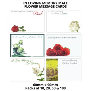 Cartes à message In Loving Memory, fleurs mâles - 60 mm x 90 mm - frère, père, grand-père, mari, fils - sympathie, souvenir - Fournitures pour fleuriste
