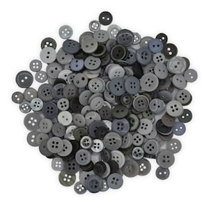 May include: A large pile of assorted grey buttons of various sizes and styles.