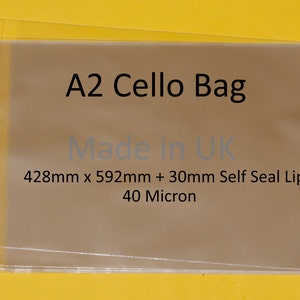 A2 - Cello Display Bags Self Seal - Cello Size 428mm x 592mm + 30mm Flap - 40 Micron