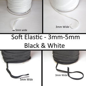 Cordón elástico suave - Blanco y negro - Mascarillas faciales, alta elasticidad - 3 mm - 5 mm