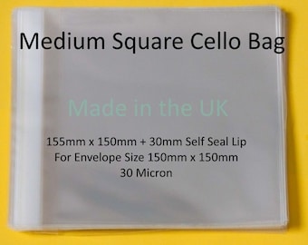 155mm x 150mm + 30mm Flap - Cello Greeting Card Display Bags 30 Micron Self Seal - 5.75" Square