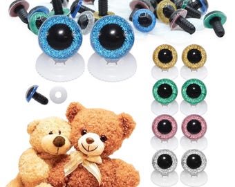 12mm GLITTER SAFETY EYES - Screw Type with Plastic Backs - Vibrant Colours - Teddy Bear Soft Toy Doll Making Crafts