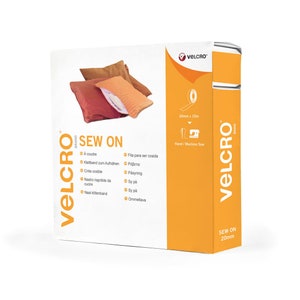 May include: A pack of 20mm wide sew-on Velcro brand hook and loop tape. The pack is orange and white and features a sewing machine icon. The text "Sew On" is printed on the pack in black.