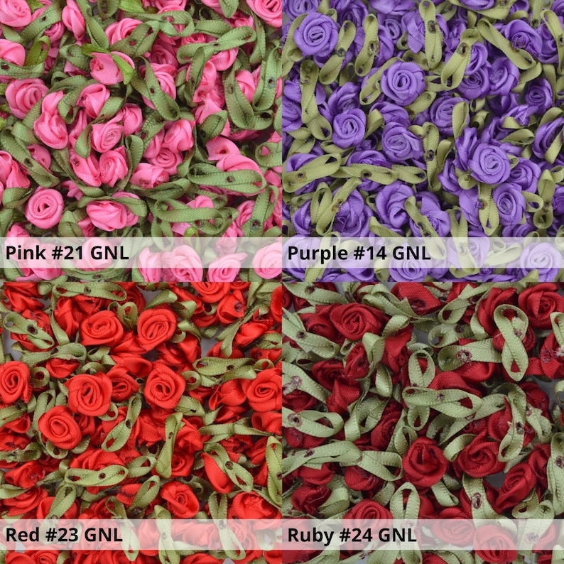 May include: Assortment of four colors of small fabric rose embellishments. The colors are pink, purple, red, and ruby. Each color is displayed in a separate square. The text "Pink #21 GNL", "Purple #14 GNL", "Red #23 GNL", and "Ruby #24 GNL" is displayed below each color.