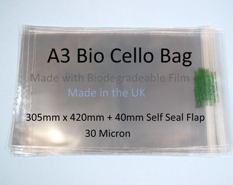 Biodegradeable A3 Cello Bags for Cards - 305mm x 420mm + 30mm Self Seal Lip - 30 Micron Clear