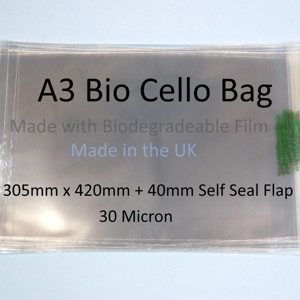 Biologisch abbaubare A3 Cellotaschen für Karten - 305mm x 420mm + 30mm Self Seal Lip - 30 Micron Clear