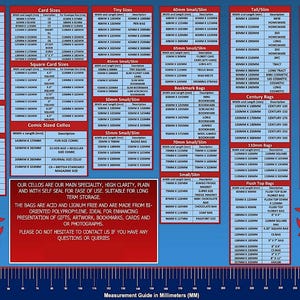 May include: A chart with a blue background and red text lists various sizes of cello bags and their corresponding dimensions in millimetres. The chart is divided into categories such as "Card Sizes", "Tiny Sizes", "Small/Slim", "Tall/Slim", "Century Bags", and "Calendar Bags". The chart also includes a ruler at the bottom for reference.