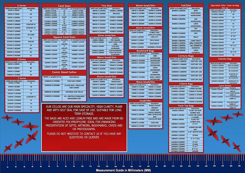May include: A chart with a blue background and red text lists various sizes of cello bags and their corresponding dimensions in millimetres. The chart is divided into categories such as "Card Sizes", "Tiny Sizes", "Small/Slim", "Tall/Slim", "Century Bags", and "Calendar Bags". The chart also includes a ruler at the bottom for reference.