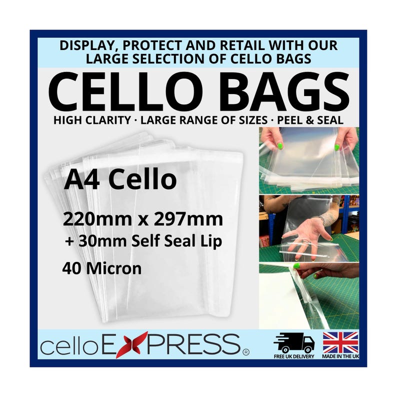 A4 Cello - 220mm x 297mm + 30mm Self Seal Flap - Cellophane Artist Size Display Bags 40 Micron - Large Cello image 1
