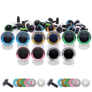 May include: A collection of colorful plastic craft eyes in various sizes and colors. The eyes have black pupils and come in shades of blue, green, gold, pink, and silver. Each eye has a screw post for easy attachment to craft projects.