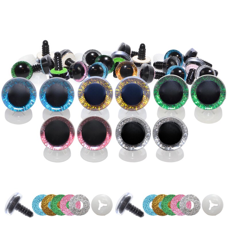 May include: A collection of colorful plastic craft eyes in various sizes and colors. The eyes have black pupils and come in shades of blue, green, gold, pink, and silver. Each eye has a screw post for easy attachment to craft projects.
