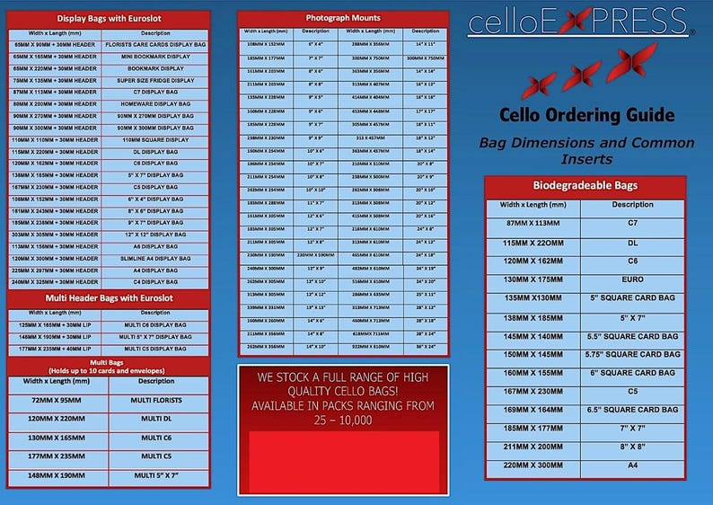 May include: A guide to cello bag sizes and common inserts. The guide includes a chart of cello bag dimensions in millimeters, with descriptions for each size. The guide also includes a chart of biodegradable bag sizes and descriptions. The guide is printed on a white background with red and blue accents.