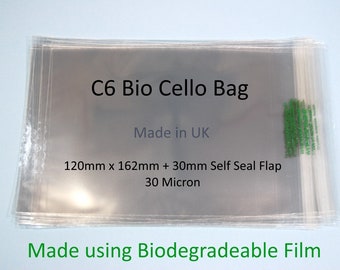 Biodegradeable C6 Cello Bags for Cards 120mm x 162mm + 30mm Self Seal Lip - 30 Micron Clear