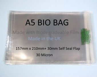 Biodegradeable A5 Cello Bags for Cards - 157mm x 210mm + 30mm Self Seal Lip - 30 Micron Clear