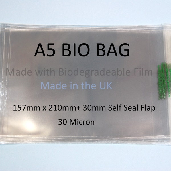 Biodegradeable A5 Cello Bags for Cards - 157mm x 210mm + 30mm Self Seal Lip - 30 Micron Clear