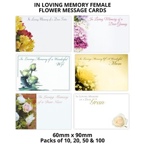 Cartes à message In Loving Memory, fleur féminine - 60 mm x 90 mm - tante, fille, grand-mère, mère, grand-mère, épouse - Souvenirs de sympathie - Fournitures pour fleuriste