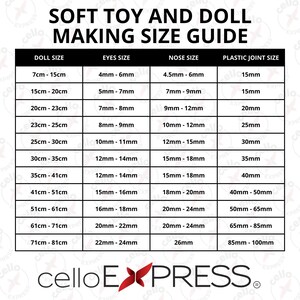 May include: A size guide for soft toy and doll making, featuring a white background with black text. The guide includes measurements for doll size, eyes, nose, and plastic joint sizes in centimeters and millimeters.