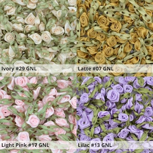 May include: Four close-up images of small, fabric flower embellishments in different colors. The colors are ivory, latte, light pink, and lilac. Each image shows a cluster of the flowers.