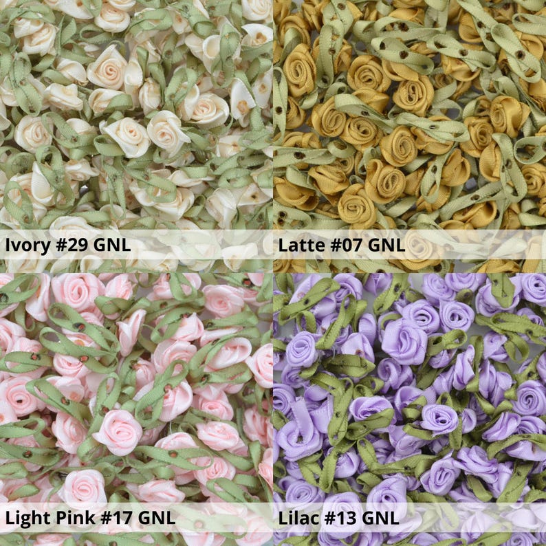 May include: Four close-up images of small, fabric flower embellishments in different colors. The colors are ivory, latte, light pink, and lilac. Each image shows a cluster of the flowers.