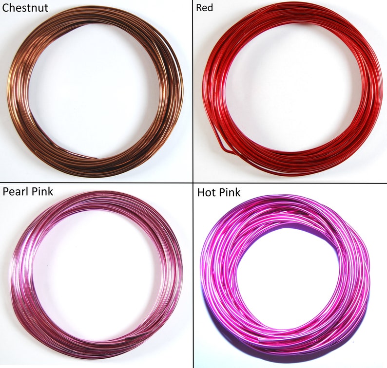 May include: Four spools of wire in different colors: chestnut, red, pearl pink, and hot pink. The wire is coiled in a circle.