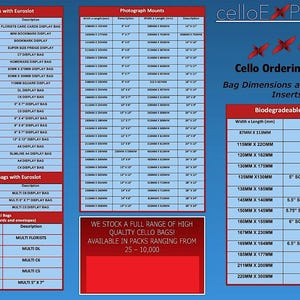 May include: A guide to cello bag sizes and common inserts. The guide includes a chart of biodegradable cello bags with dimensions in millimetres and descriptions. The chart includes sizes like 87mm x 113mm, 115mm x 220mm, 120mm x 162mm, 130mm x 175mm, 135mm x 130mm, 138mm x 185mm, 145mm x 140mm, 150mm x 145mm, 160mm x 155mm, 167mm x 230mm, 163mm x 164mm, 185mm x 177mm, 211mm x 200mm, and 220mm x 300mm.