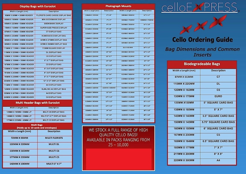 May include: A guide to cello bag sizes and common inserts. The guide includes a chart of biodegradable cello bags with dimensions in millimetres and descriptions. The chart includes sizes like 87mm x 113mm, 115mm x 220mm, 120mm x 162mm, 130mm x 175mm, 135mm x 130mm, 138mm x 185mm, 145mm x 140mm, 150mm x 145mm, 160mm x 155mm, 167mm x 230mm, 163mm x 164mm, 185mm x 177mm, 211mm x 200mm, and 220mm x 300mm.
