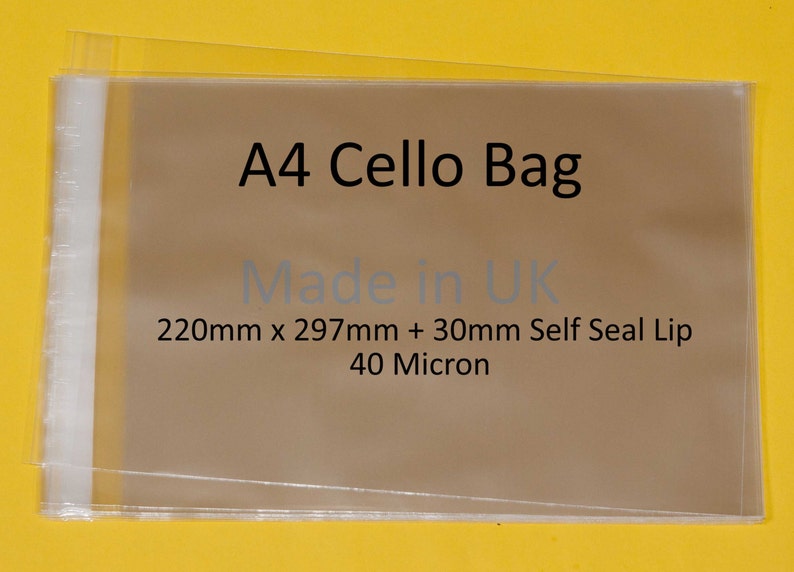 May include: A clear plastic A4 cello bag with a self-seal lip. The bag is 220mm x 297mm + 30mm and 40 microns thick. The text "Made in UK" is printed on the bag.