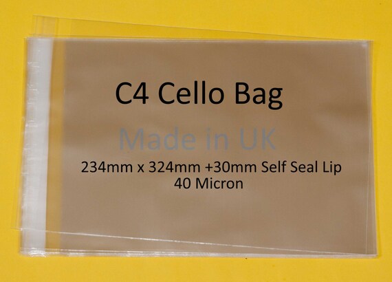 40 Micron Cellophane Artist Display Bags Self Seal Pack of 1000 Cello Size 234mm x 324mm+ 30mm Flap C4 40 Micron Cellophane Artist Display Bags Self Seal Pack of 1000 Cello Size 234mm x 324mm+ 30mm Flap C4