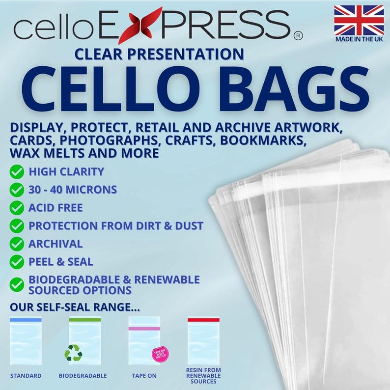 May include: Clear cello bags for display, protection, and archival purposes. Features include high clarity, acid-free, 30-40 microns, protection from dirt and dust, archival, peel and seal, biodegradable and renewable sourced options.  Our self-seal range includes standard, biodegradable, tape on, and resin from renewable sources.
