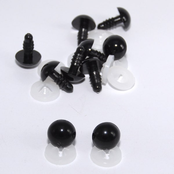 9mm or 10mm Solid Black Safety Eyes with Plastic Backs for Teddy Bear/Animal Soft Toy Making