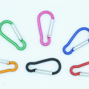 May include: Six colourful metal carabiners with silver spring-loaded gates. The carabiners are in the colours green, pink, blue, black, orange, and red.