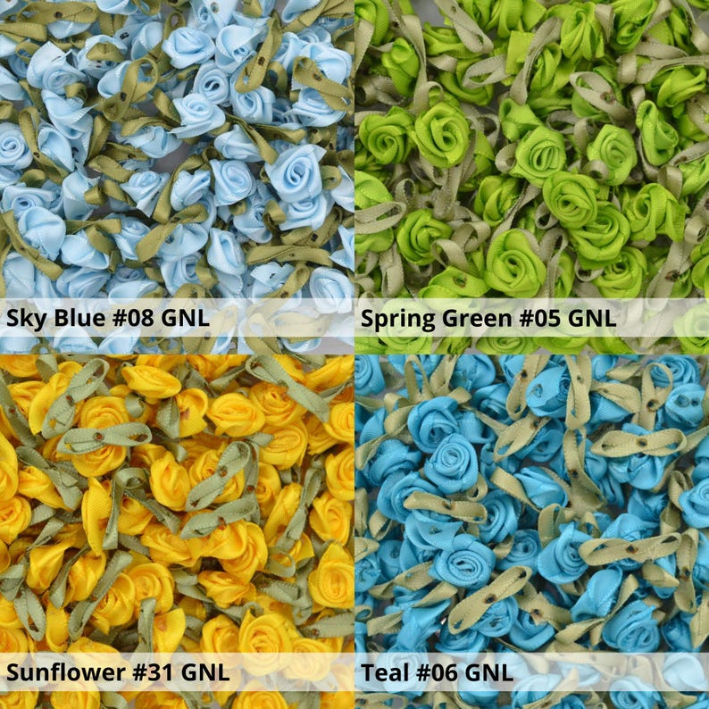 May include: Assortment of small, fabric rose embellishments in four colors: sky blue, spring green, sunflower yellow, and teal. Each rose has a green stem and is approximately 1 inch in diameter.
