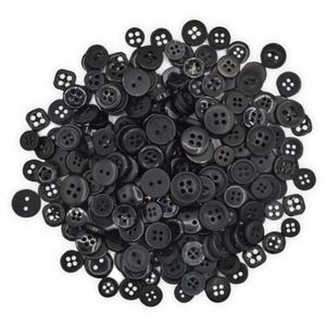 May include: A large assortment of black buttons in various sizes and styles. The buttons are made of plastic and have a smooth, matte finish.