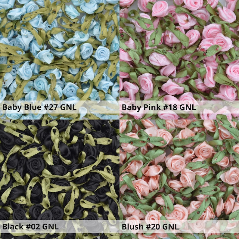 May include: Assortment of small fabric flower embellishments in four colors: baby blue, baby pink, black, and blush. Each flower is made of satin ribbon and has a green leaf stem.