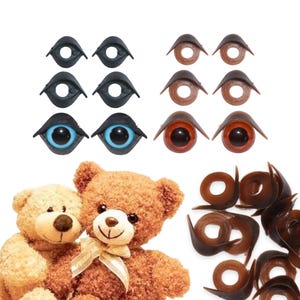 May include: Assortment of plastic safety eyes in various sizes and colours, including blue, brown, and black.  Also included are brown plastic eye sockets.  Two teddy bears are shown in the image, one brown and one tan.