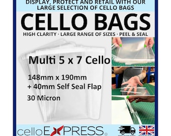 Multi 5 x 7 Cello - 148mm x 190mm + 40mm Self Seal Flap - 30 Micron Cellophane Clear Display Bags for Holding up to 10 5x7 Cards & Envelopes