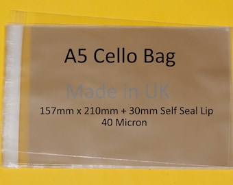 A5 Cello Size 157mm x 210mm + 30mm Self Seal Lip Clear Cello Display Bags - 40 Micron