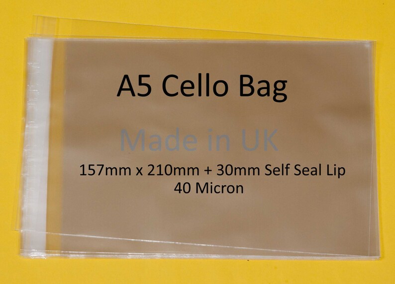 May include: A clear plastic A5 cello bag with a self-seal lip. The bag is 157mm x 210mm + 30mm and 40 micron thick. The text "Made in UK" is printed on the bag.