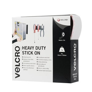 May include: A white package with black text and a red logo for VELCRO brand heavy duty stick-on fasteners. The package shows a variety of uses for the product, including hanging tools and organizing items. The package includes 50mm x 100mm of the product and holds up to 7kg.